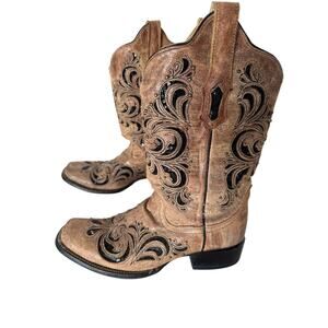 Corral Boots Distressed Cognac Sequin Studded Square Toe Women’s Size 8.5M